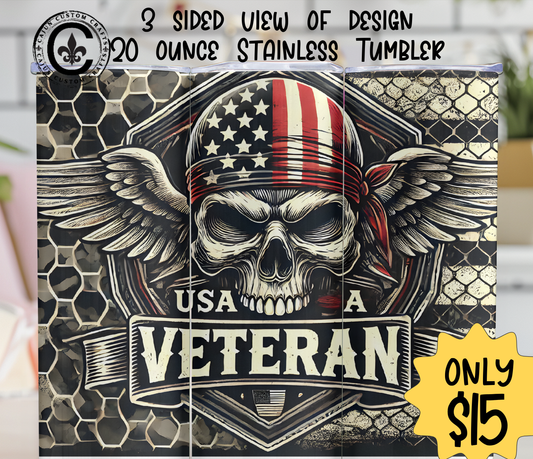 Veteran, Military, Skull, USA, 20 ounce stainless tumbler, 1st responder
