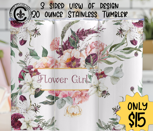 Flower Girl, 20 ounce stainless tumbler, Bridal Party, Gifts, Wedding, Matching