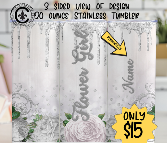 Personalized Flower Girl, 20 ounce stainless tumbler, Bridal Party, Gifts, Wedding, Matching, White, Silver Glitter, Glamorous