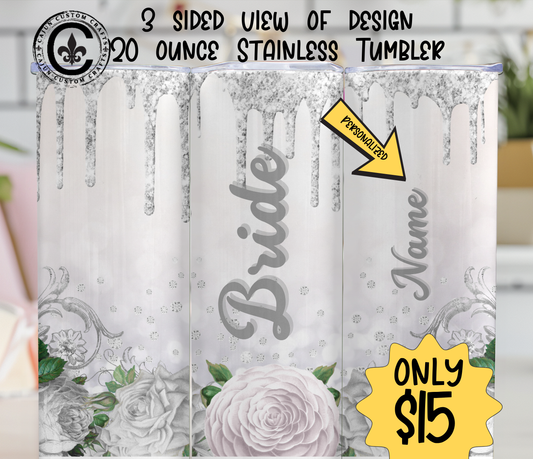 Personalized Bride, 20 ounce stainless tumbler, Bridal Party, Gifts, Wedding, Matching, White, Silver Glitter, Glamorous