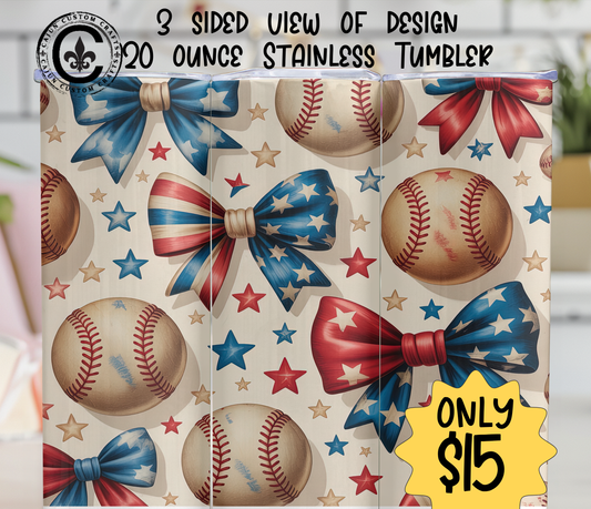 Baseball, 20 ounce Tumbler, Americana, Coquette, Great Gift, red white and blue