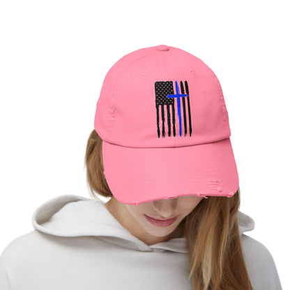 Thin Blue Line, Cross, Flag, Unisex Distressed Cap, Funny Hat, Casual Gift, Everyday Wear, Cool Accessory, Adjustable Cap