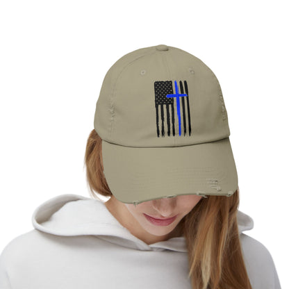 Thin Blue Line, Cross, Flag, Unisex Distressed Cap, Funny Hat, Casual Gift, Everyday Wear, Cool Accessory, Adjustable Cap
