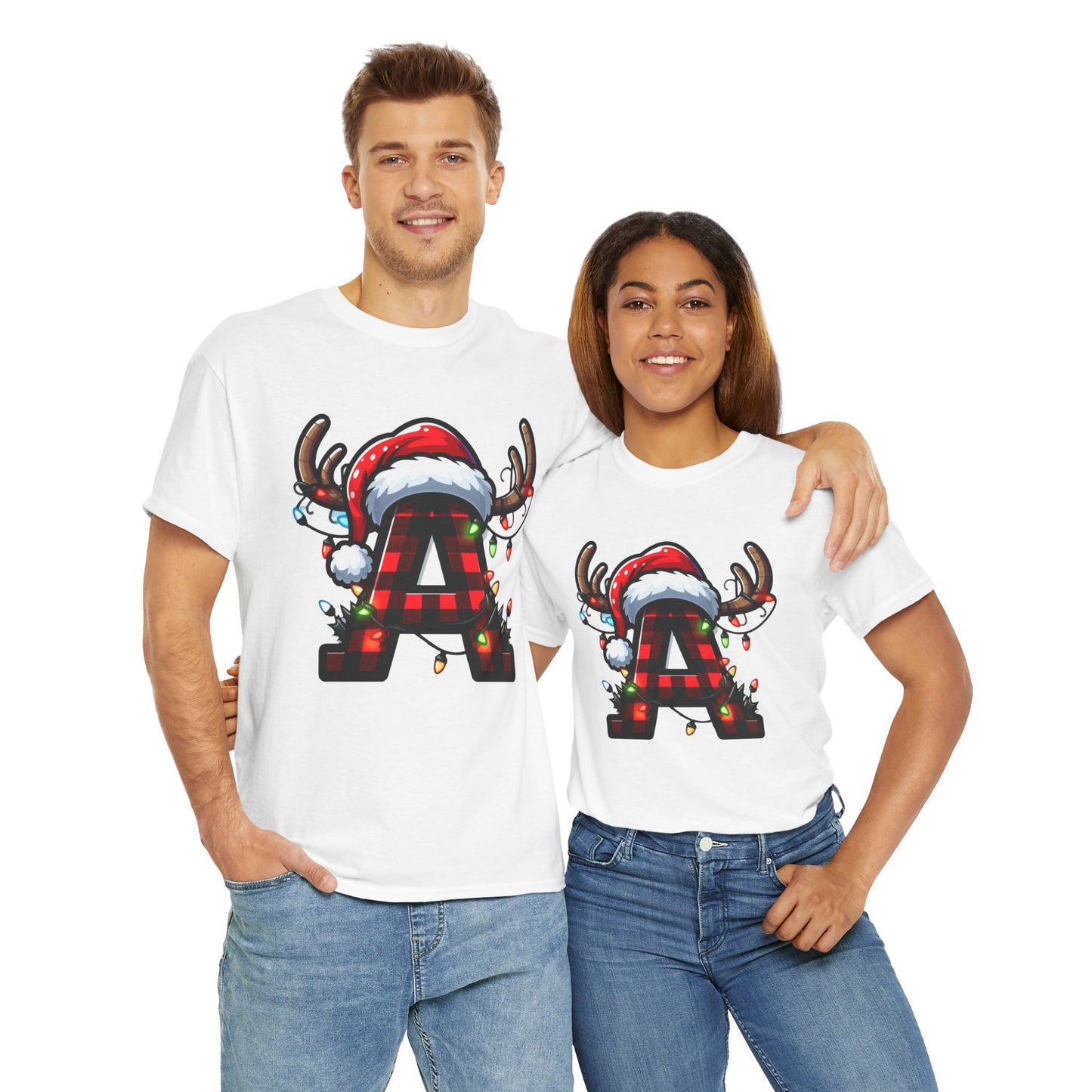 Festive Reindeer Initial A Tee, Unisex Holiday T-Shirt, Christmas Gift, Personalized Apparel, Cozy Winter Wear, Merry & Bright