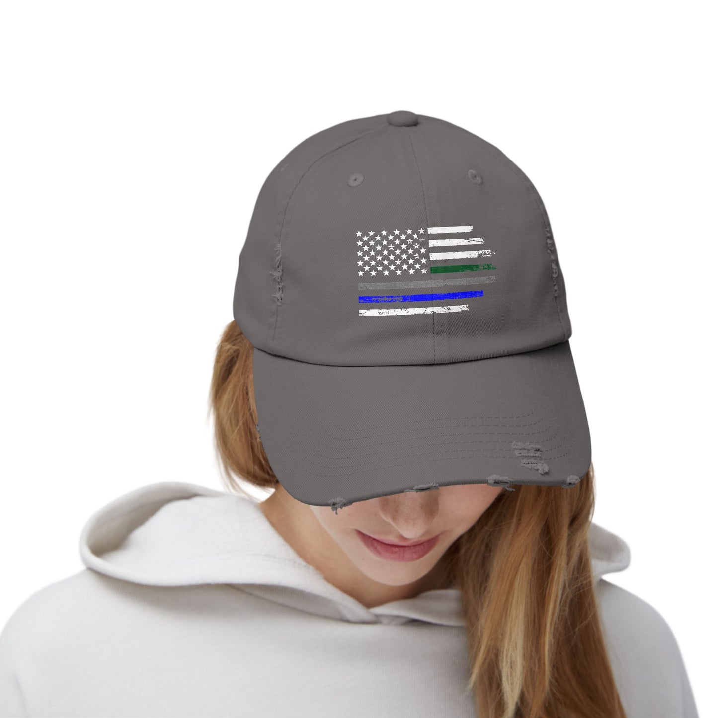 Thin Blue and Thin green Flag, Unisex Distressed Cap, Law Enforcement, Military, hat