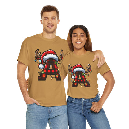 Festive Reindeer Initial A Tee, Unisex Holiday T-Shirt, Christmas Gift, Personalized Apparel, Cozy Winter Wear, Merry & Bright