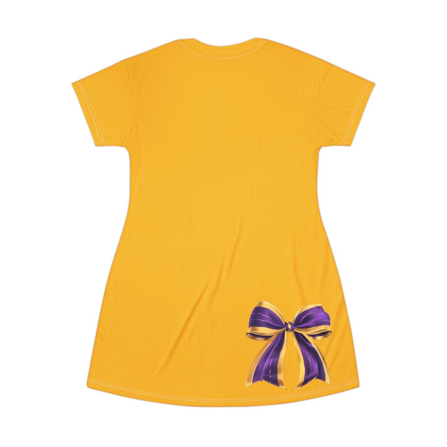 Gold Dress, Purple and Gold Elegant Bow T-Shirt Dress - Stylish Casual Wear for Parties, Birthdays, or Everyday Outfits, Comfortable and Fashionable