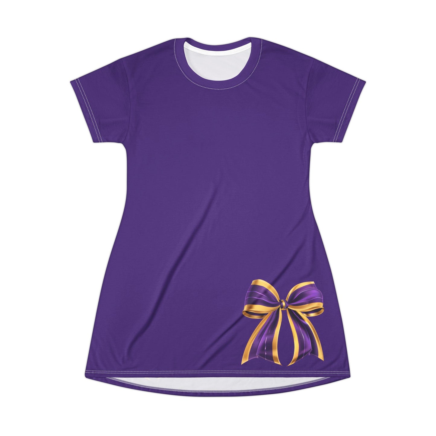 Purple dress, Purple and Gold Elegant Bow T-Shirt Dress - Stylish Casual Wear for Parties, Birthdays, or Everyday Outfits, Comfortable and Fashionable