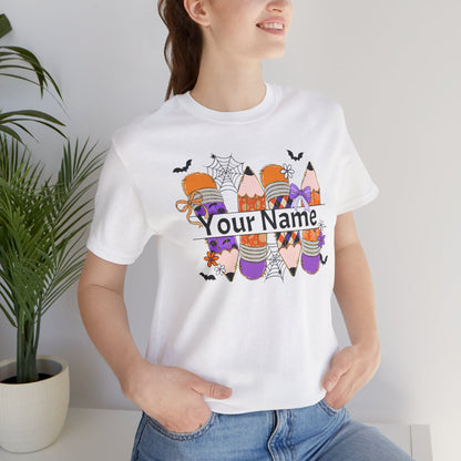 Personalized Halloween School Pencil with your name design, on a bella canvas shirt