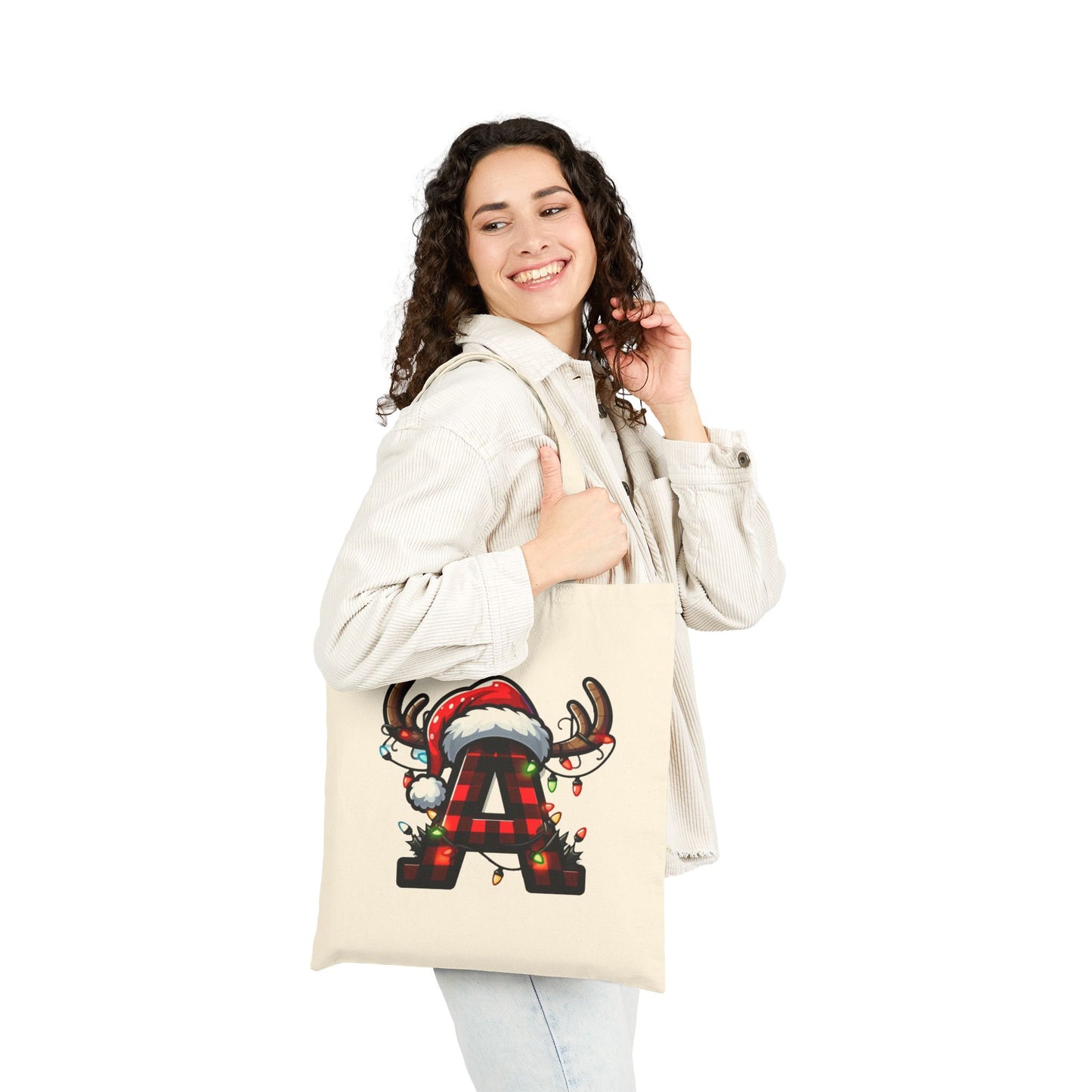 Christmas Monogram A Cotton Canvas Tote Bag, Personalized Holiday Tote, Eco-Friendly Gift, Stylish Shopping Bag, Reusable Christmas Shopper