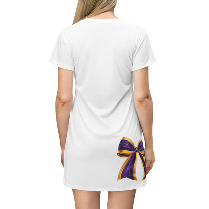 Purple and Gold Elegant Bow T-Shirt Dress - Stylish Casual Wear for Parties, Birthdays, or Everyday Outfits, Comfortable and Fashionable