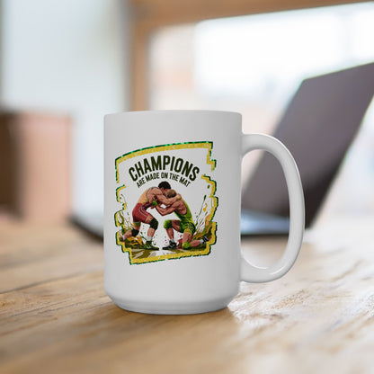 Green and Gold, Wrestling Design on a Ceramic Mug with Fun Design