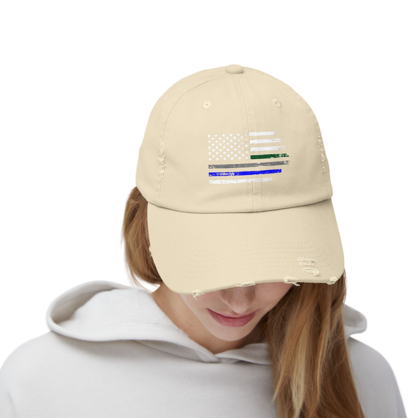 Thin Blue and Thin green Flag, Unisex Distressed Cap, Law Enforcement, Military, hat