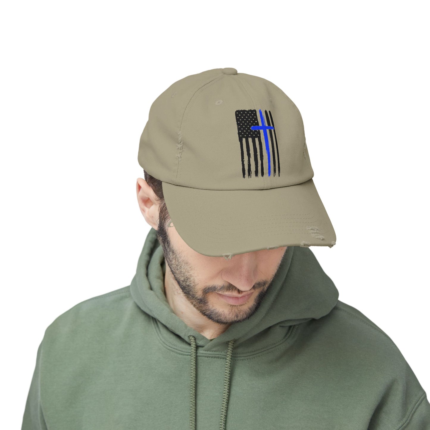 Thin Blue Line, Cross, Flag, Unisex Distressed Cap, Funny Hat, Casual Gift, Everyday Wear, Cool Accessory, Adjustable Cap