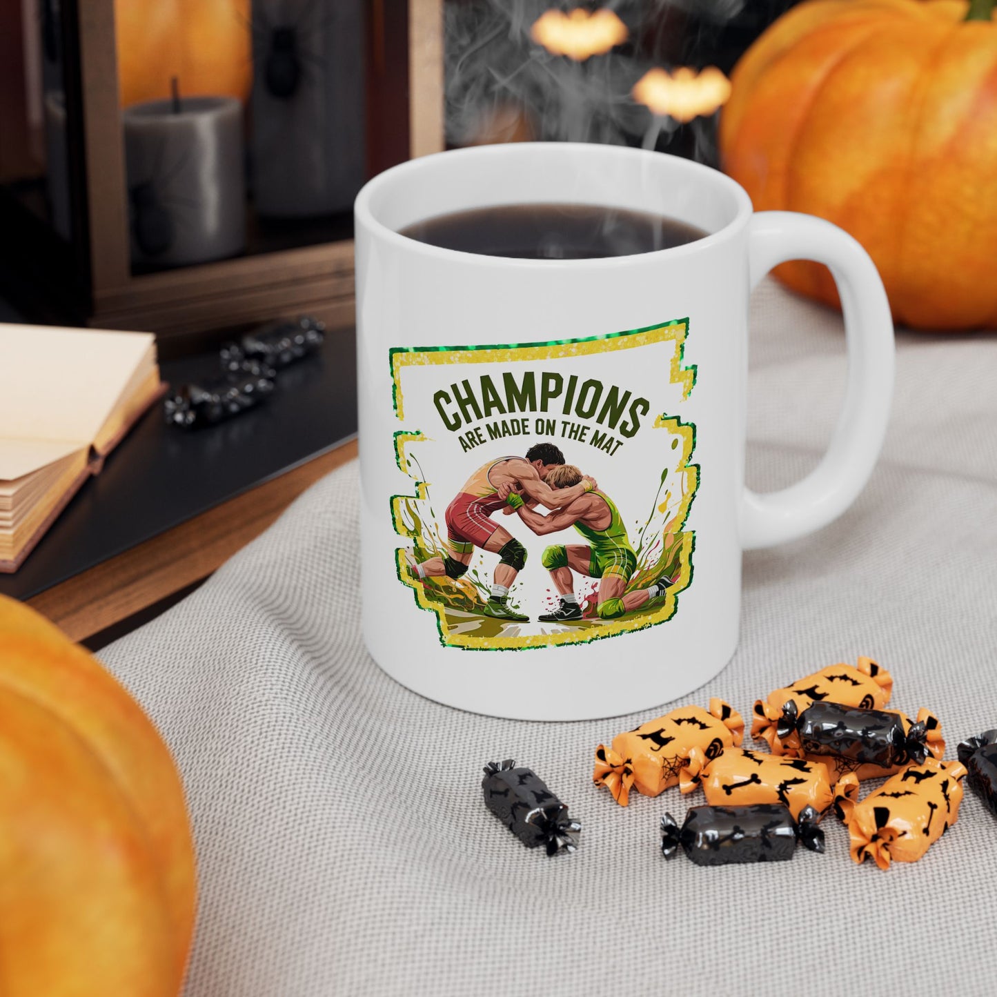 Green and Gold, Wrestling Design on a Ceramic Mug with Fun Design