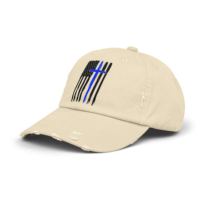 Thin Blue Line, Cross, Flag, Unisex Distressed Cap, Funny Hat, Casual Gift, Everyday Wear, Cool Accessory, Adjustable Cap