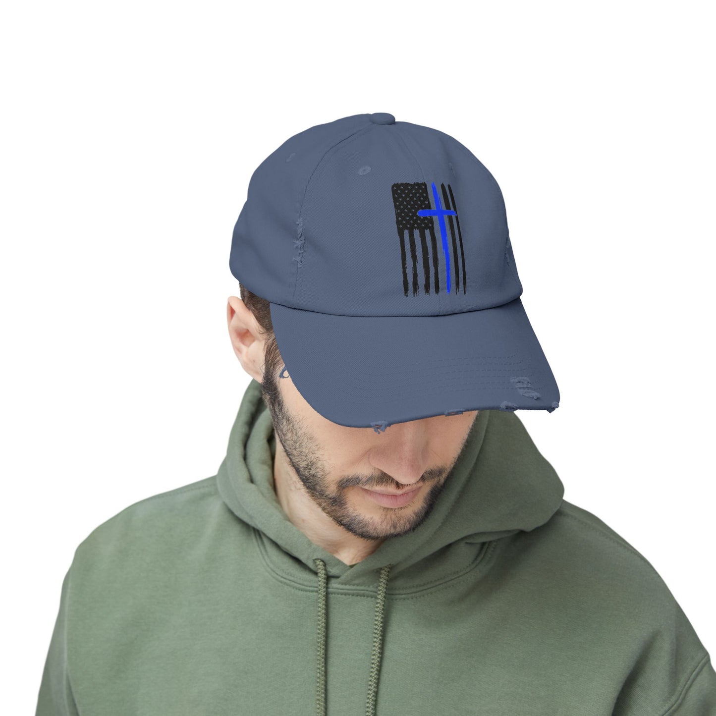 Thin Blue Line, Cross, Flag, Unisex Distressed Cap, Funny Hat, Casual Gift, Everyday Wear, Cool Accessory, Adjustable Cap
