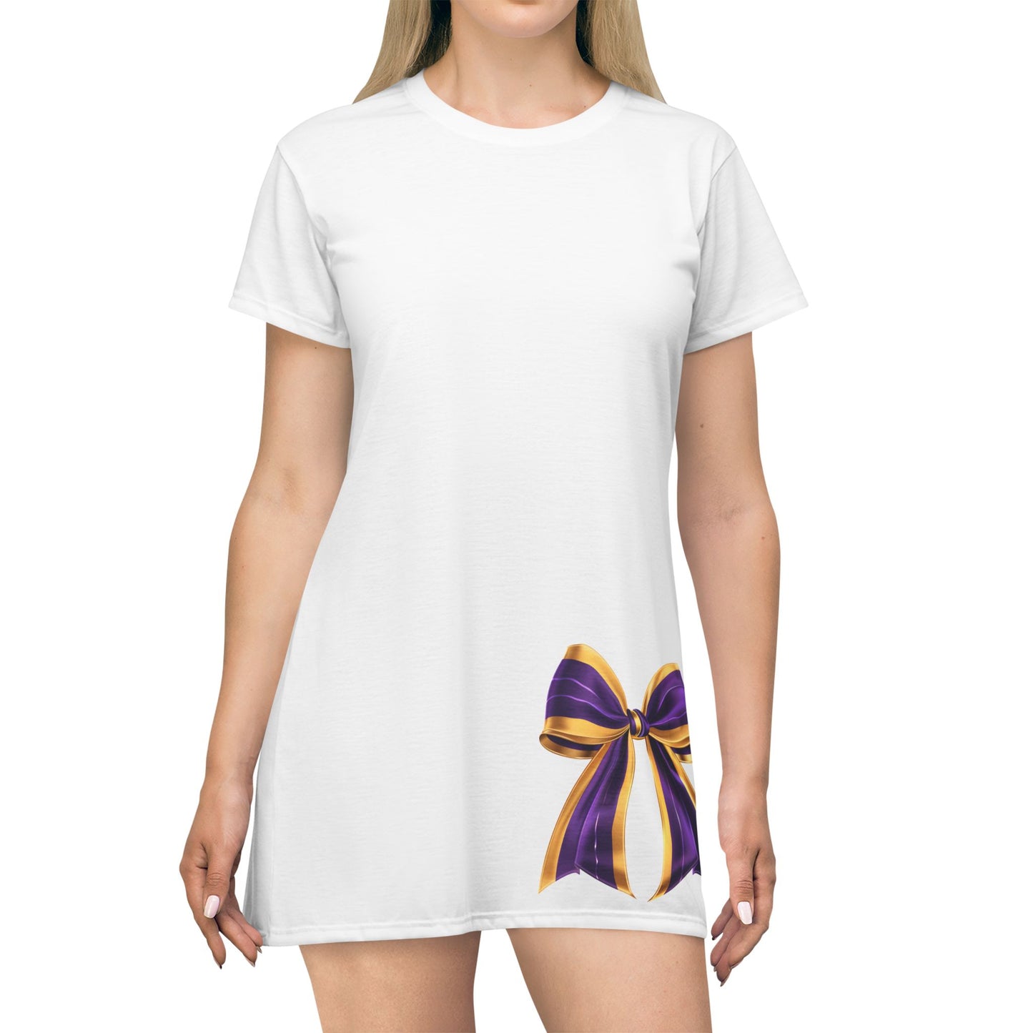 Purple and Gold Elegant Bow T-Shirt Dress - Stylish Casual Wear for Parties, Birthdays, or Everyday Outfits, Comfortable and Fashionable