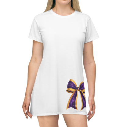 Purple and Gold Elegant Bow T-Shirt Dress - Stylish Casual Wear for Parties, Birthdays, or Everyday Outfits, Comfortable and Fashionable