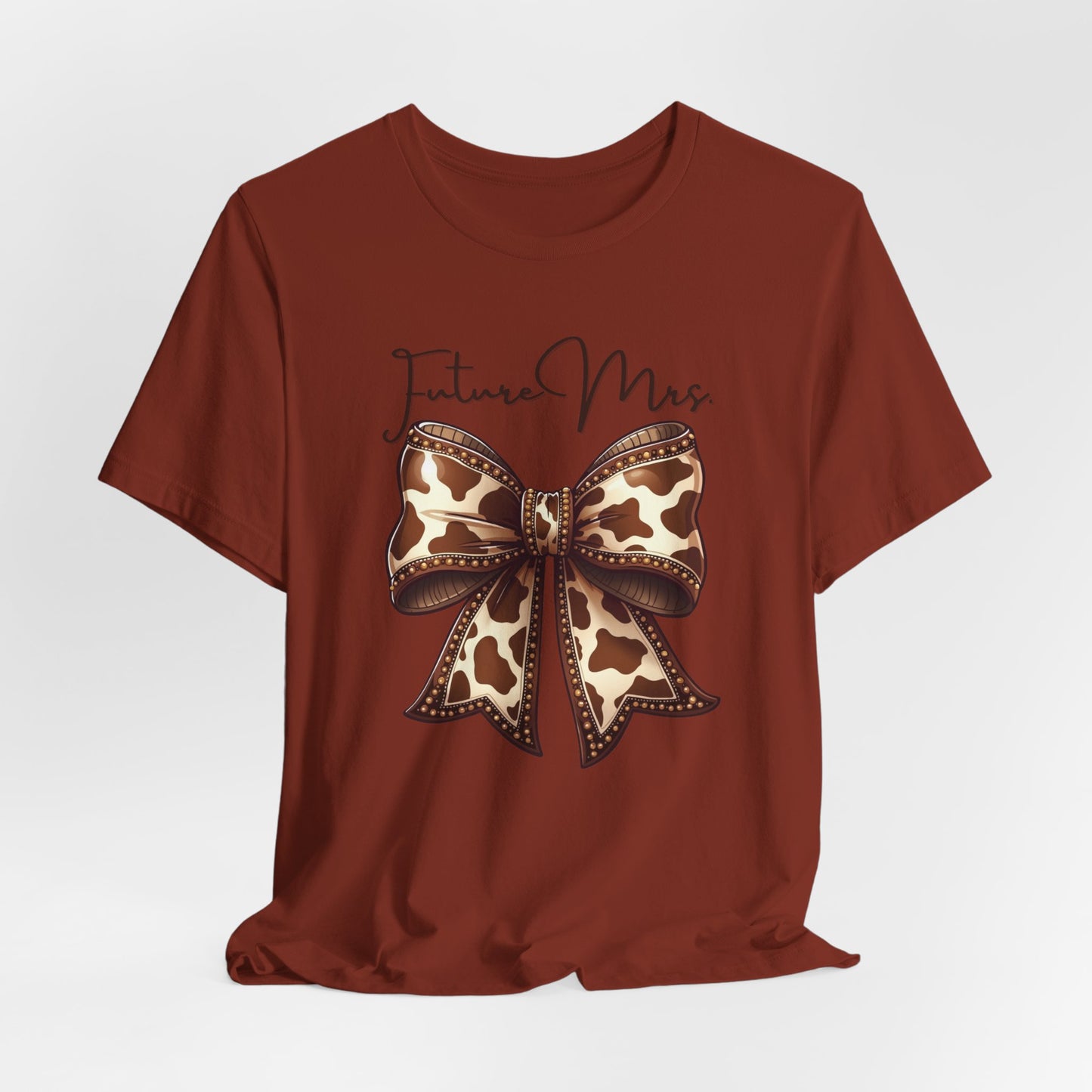 Personalized Future Mrs. Bride Cow Print Bow Short Sleeve Tee, Casual Top, Western Style Shirt, Country Chic T-Shirt, Birthday Gift, Everyday Wear