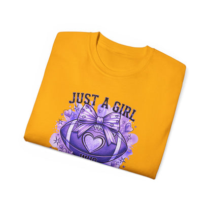 LSU Gold Day, Just a Girl Who Loves Football Tee, Cute Football T-Shirt, Gift for Sports Lovers, Unique Football Apparel, Casual Everyday Wear