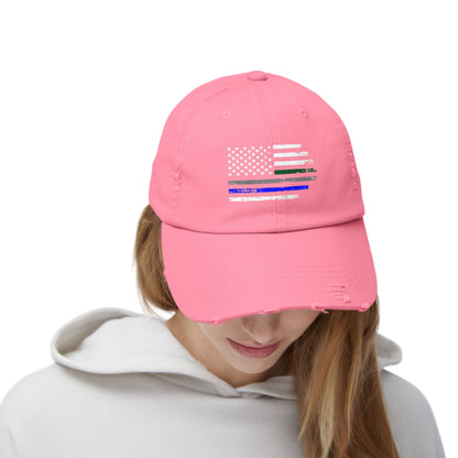 Thin Blue and Thin green Flag, Unisex Distressed Cap, Law Enforcement, Military, hat