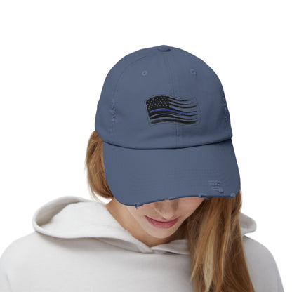 Thin Blue Line Flag, Unisex Distressed Cap, Funny Hat, Casual Gift, Everyday Wear, Cool Accessory, Adjustable Cap