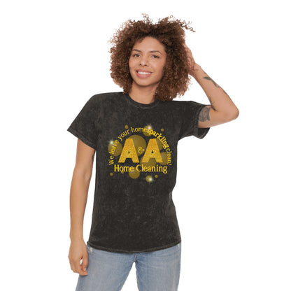 A&A Yellow Logo on a distressed mineral purple crew neck, colortone