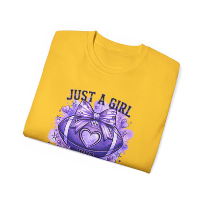 LSU Gold Day, Just a Girl Who Loves Football Tee, Cute Football T-Shirt, Gift for Sports Lovers, Unique Football Apparel, Casual Everyday Wear