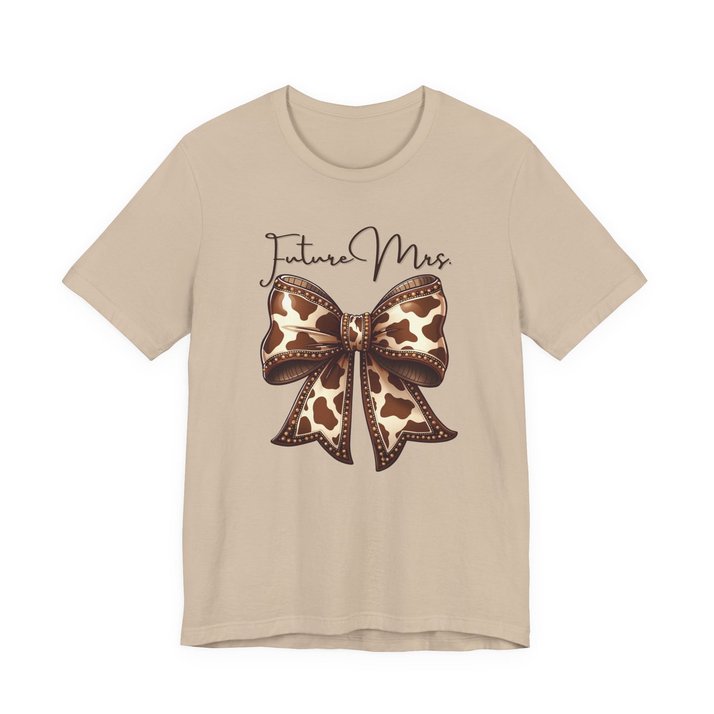 Personalized Future Mrs. Bride Cow Print Bow Short Sleeve Tee, Casual Top, Western Style Shirt, Country Chic T-Shirt, Birthday Gift, Everyday Wear