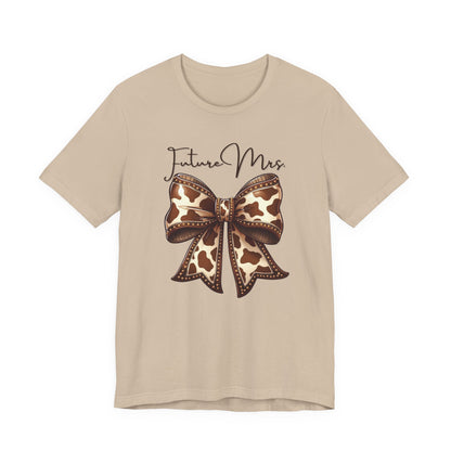 Personalized Future Mrs. Bride Cow Print Bow Short Sleeve Tee, Casual Top, Western Style Shirt, Country Chic T-Shirt, Birthday Gift, Everyday Wear
