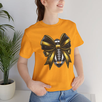 Football Bow Unisex Tee | Sporty Style Tee, Game Day T-Shirt, Casual Wear, Athletic Gift, Fan Apparel, Black and Gold, Saints