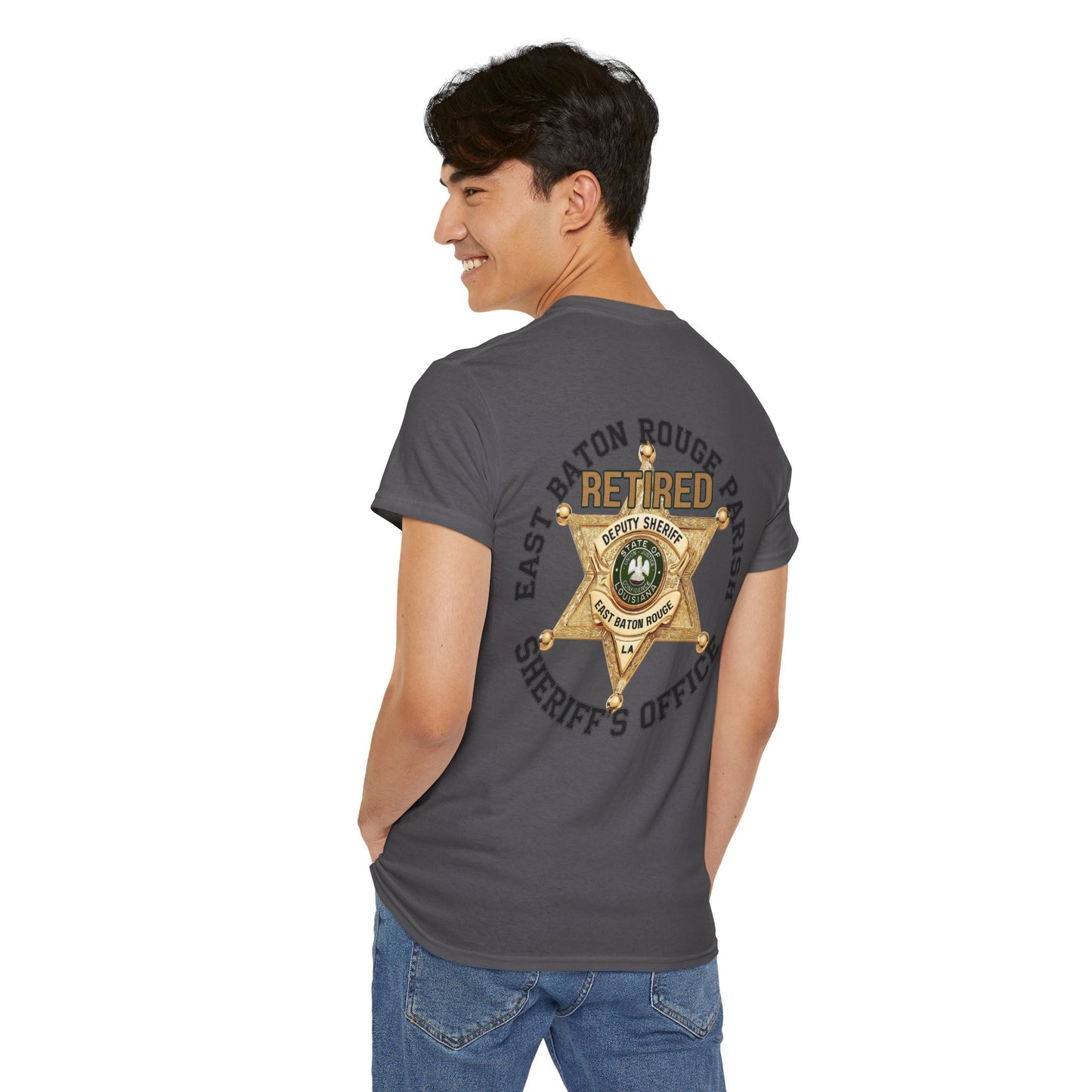 Pocket Front, Design on Back EBRSO Badge Retired Sheriff Heavy Cotton Tee, Unisex Tee, Law Enforcement Gift, Retirement Celebration T-shirt