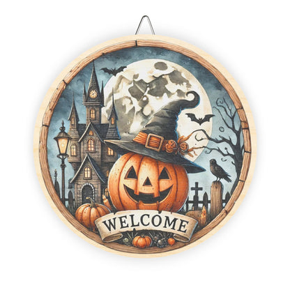 Halloween Welcome wooden door sign, mantle, entry table, decor, Pumpkin and haunted house