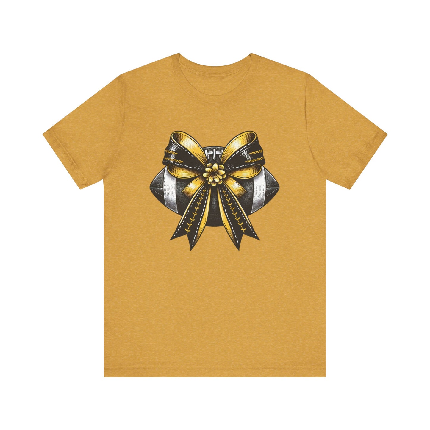 Football Bow Unisex Tee | Sporty Style Tee, Game Day T-Shirt, Casual Wear, Athletic Gift, Fan Apparel, Black and Gold, Saints