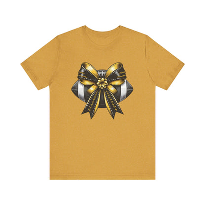 Football Bow Unisex Tee | Sporty Style Tee, Game Day T-Shirt, Casual Wear, Athletic Gift, Fan Apparel, Black and Gold, Saints