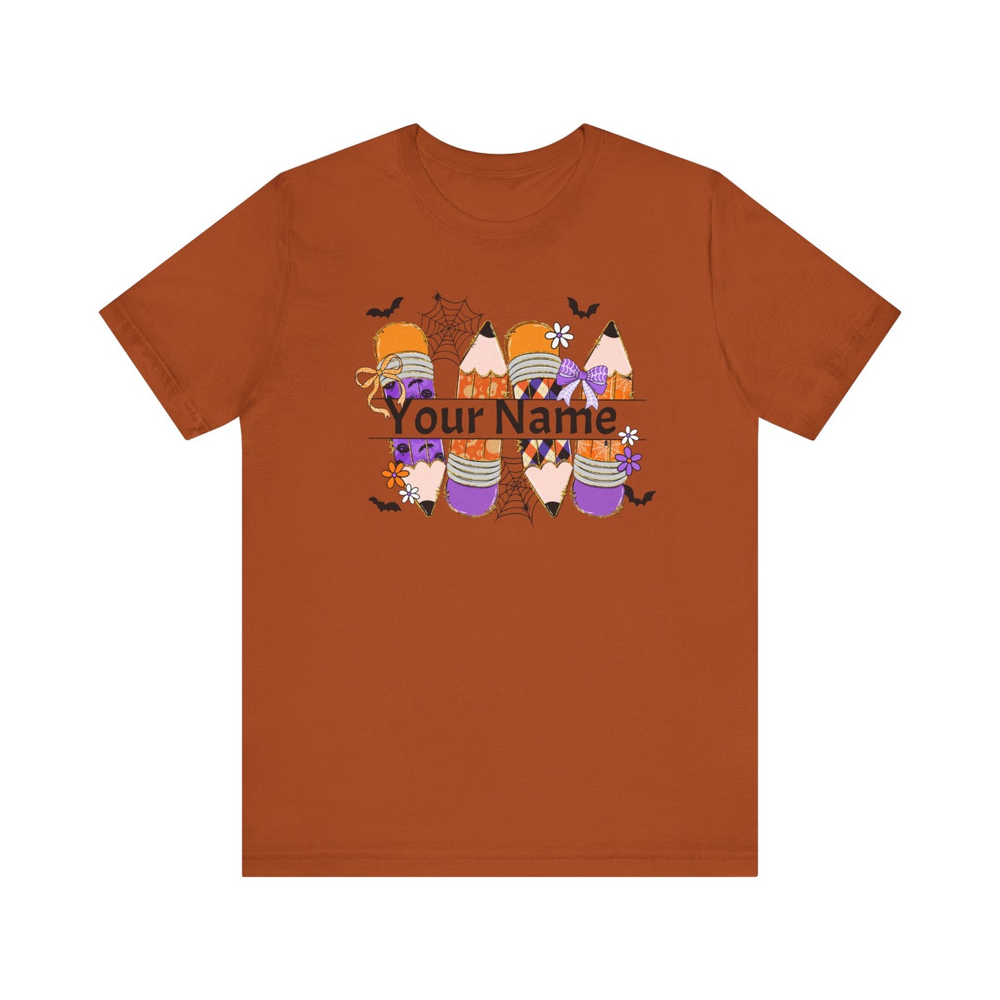 Personalized Halloween School Pencil with your name design, on a bella canvas shirt