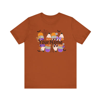 Personalized Halloween School Pencil with your name design, on a bella canvas shirt