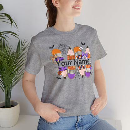 Personalized Halloween School Pencil with your name design, on a bella canvas shirt