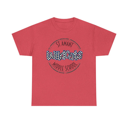 SAMS Wildcats with a black checkered style, Whimsical on a Unisex Tshirt, St Amant Middle School