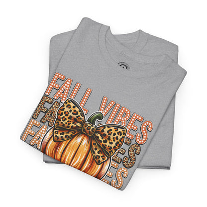 Fall Vibes Unisex Cotton Tee, Autumn Shirt, Pumpkin Graphic Tee, Halloween Apparel, Cozy Fall T-Shirt, Seasonal Outfit, leopard bow