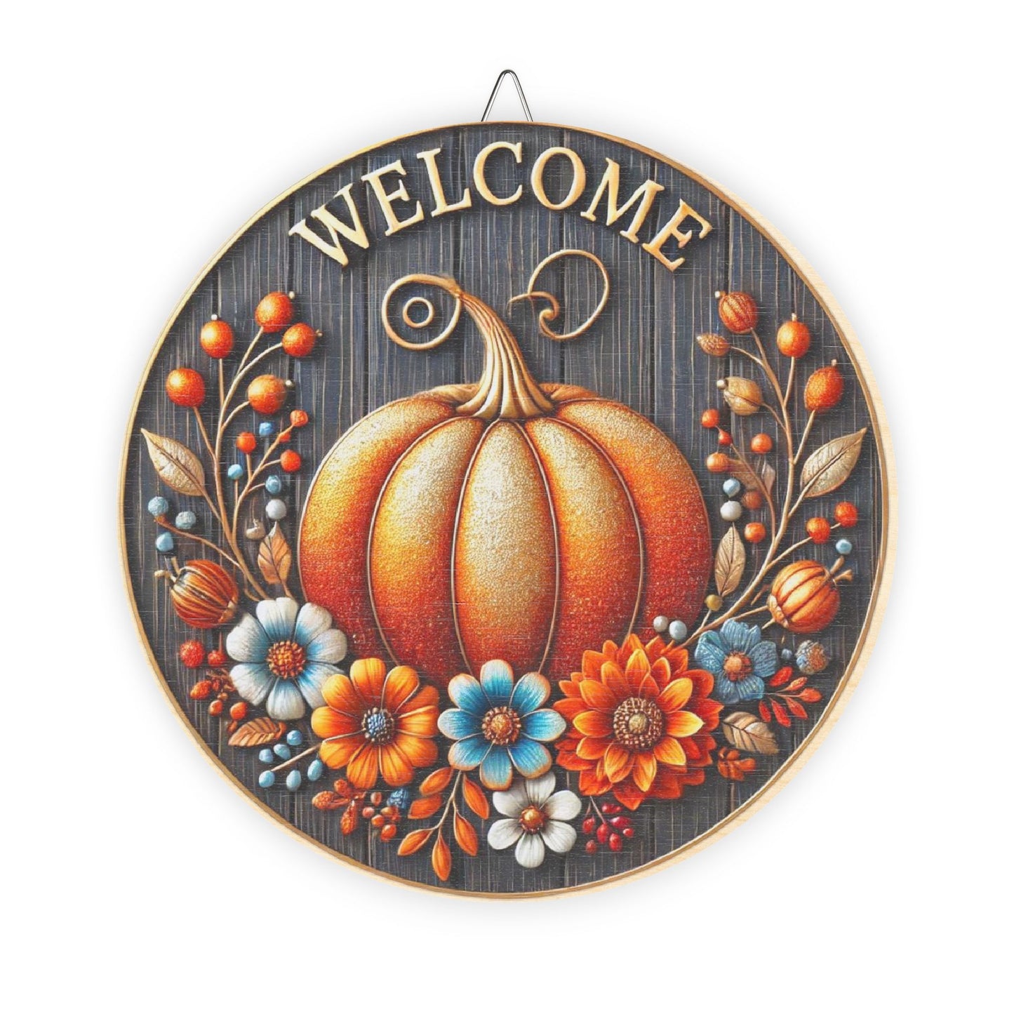Fall, Welcome Wooden door sign, home decor, entry way, mantle decor, 3d looking pumpkin and flowers