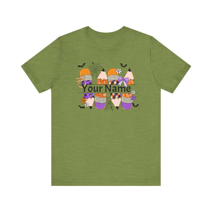 Personalized Halloween School Pencil with your name design, on a bella canvas shirt