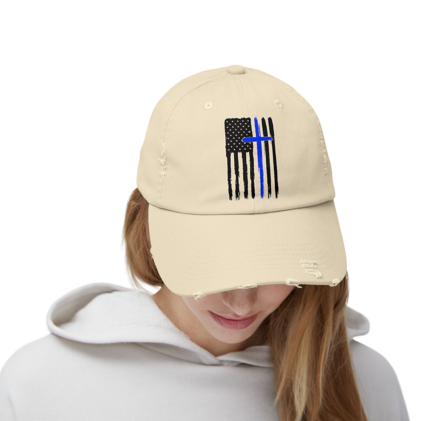 Thin Blue Line, Cross, Flag, Unisex Distressed Cap, Funny Hat, Casual Gift, Everyday Wear, Cool Accessory, Adjustable Cap