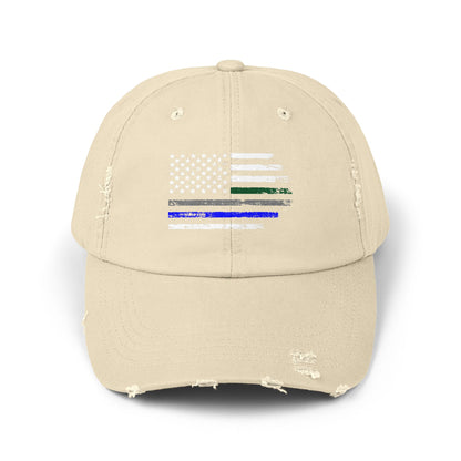 Thin Blue and Thin green Flag, Unisex Distressed Cap, Law Enforcement, Military, hat