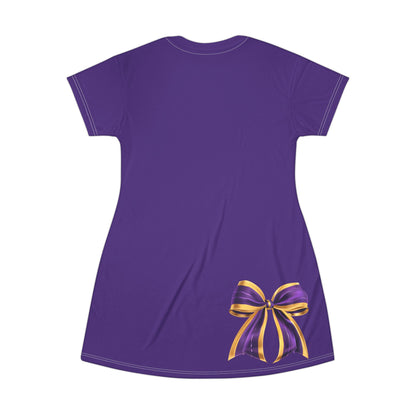 Purple dress, Purple and Gold Elegant Bow T-Shirt Dress - Stylish Casual Wear for Parties, Birthdays, or Everyday Outfits, Comfortable and Fashionable