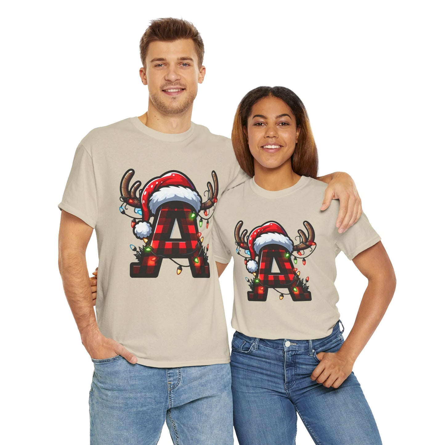 Festive Reindeer Initial A Tee, Unisex Holiday T-Shirt, Christmas Gift, Personalized Apparel, Cozy Winter Wear, Merry & Bright