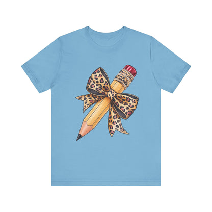 Leopard Bow Pencil Tee - Cute Teacher Gift, Back to School Outfit, Art Lover Shirt, Classroom Apparel, Fun Educational Shirt