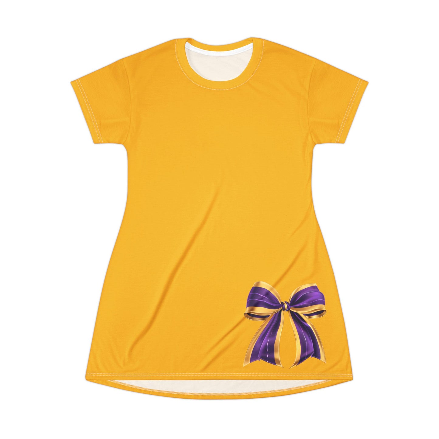 Gold Dress, Purple and Gold Elegant Bow T-Shirt Dress - Stylish Casual Wear for Parties, Birthdays, or Everyday Outfits, Comfortable and Fashionable