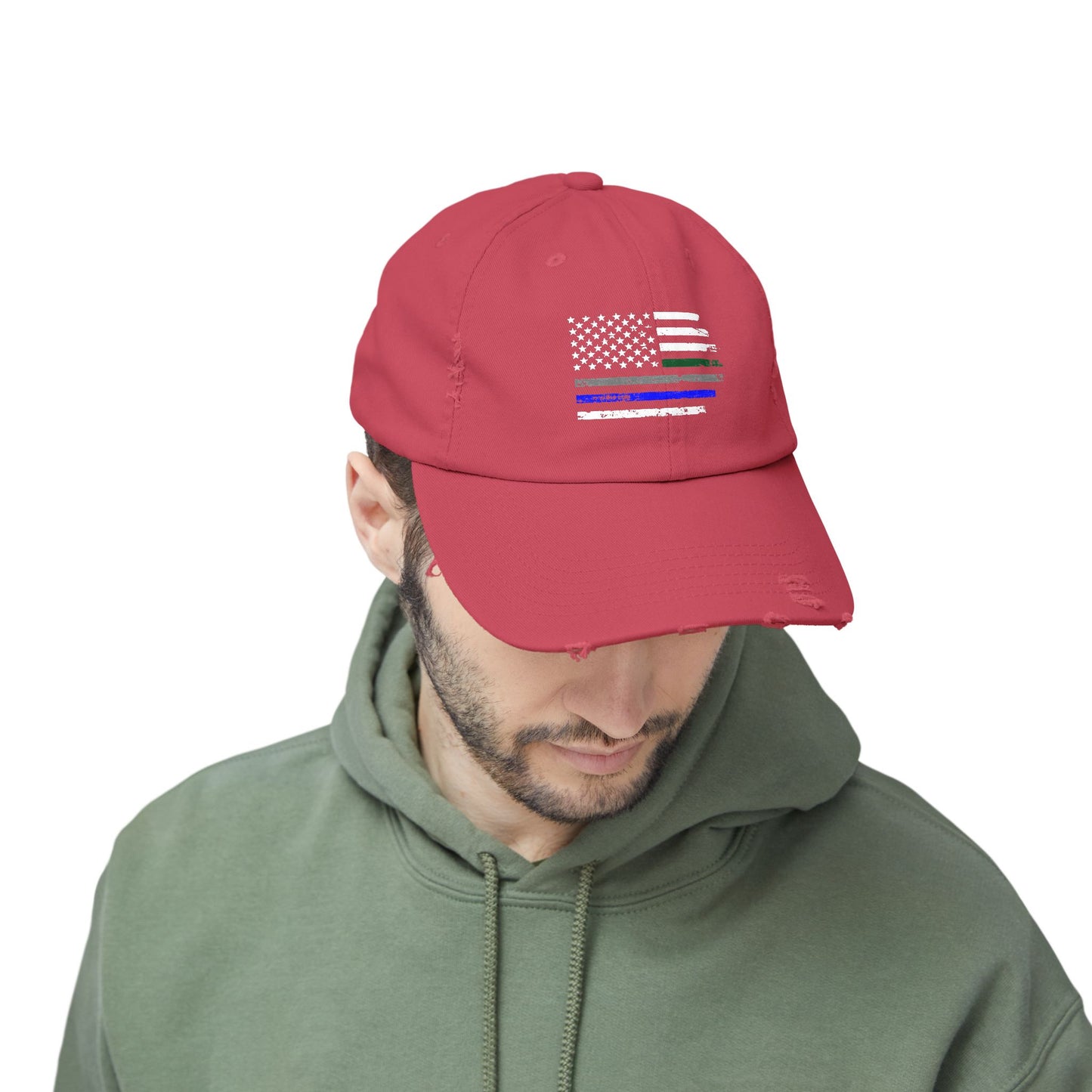 Thin Blue and Thin green Flag, Unisex Distressed Cap, Law Enforcement, Military, hat